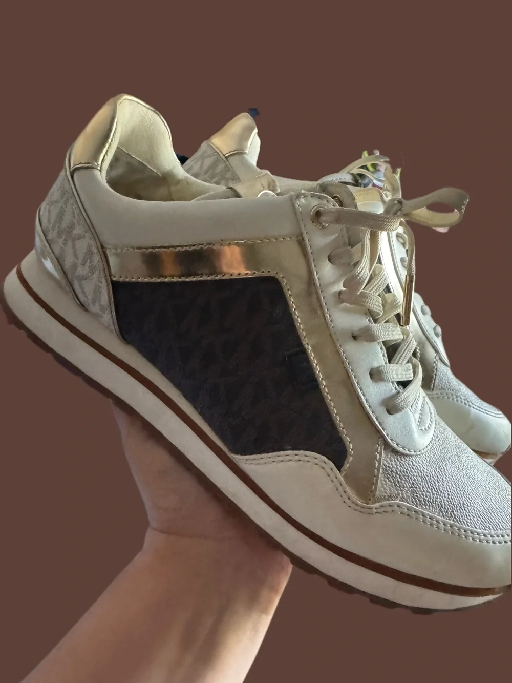 Michael Kors Cream and Brown Leather-Trim Lace-Up Sneakers